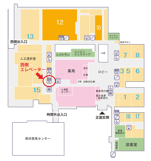 病院1階西側エレベーターの場所