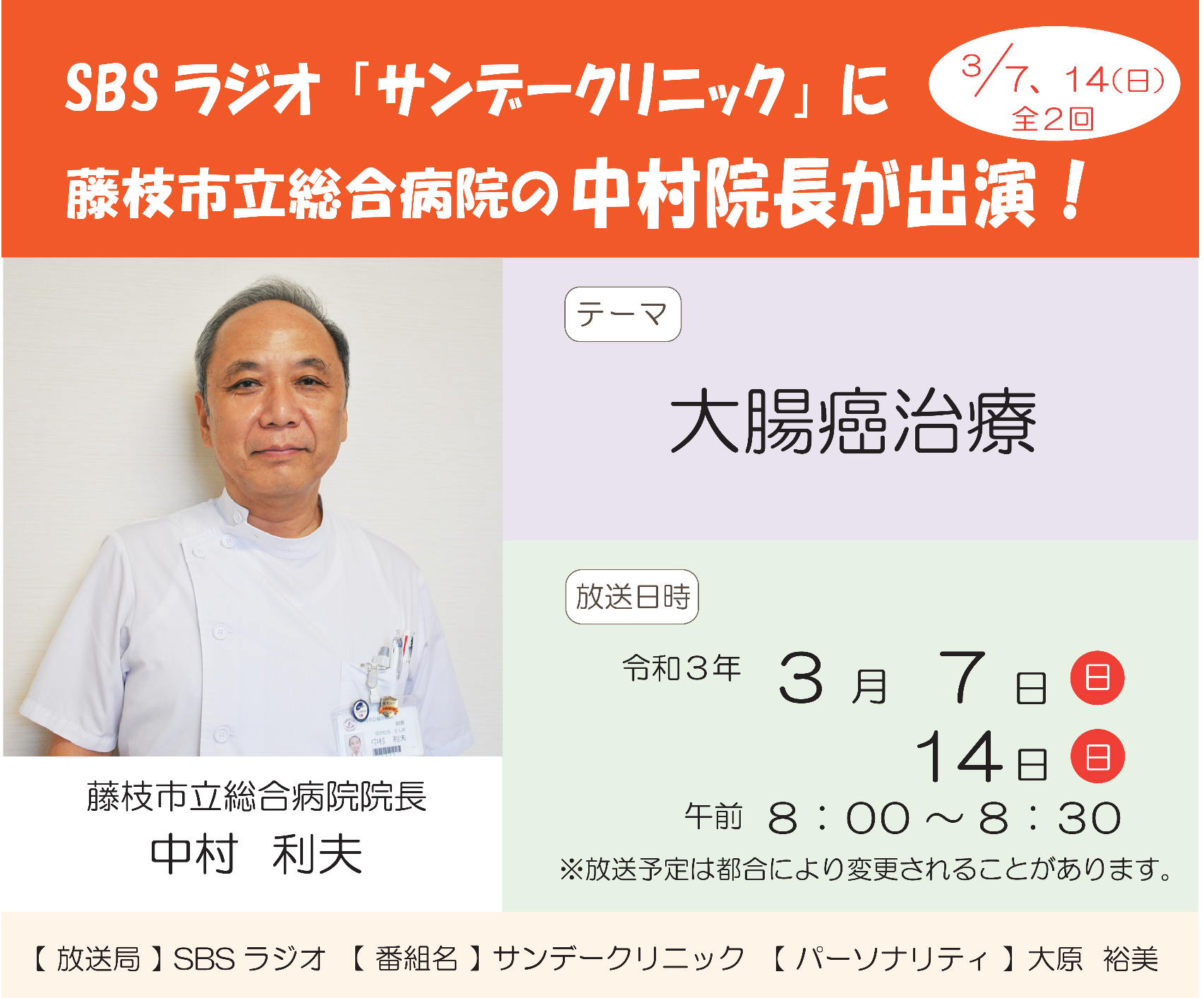 SBSラジオサンデークリニックに中村院長出演お知らせのポスター