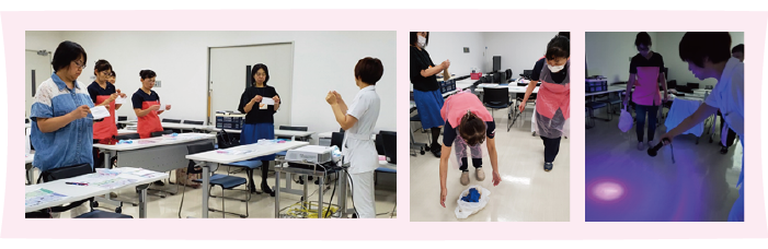 (左から)講師の看護師からマスクについての説明受ける受講生の方々の写真、マスクとエプロンを付け、袋に入った吐しゃ物に見立てたものを拾おうとしている受講生の写真、講師の看護師が床をブラックライトで照らしている写真